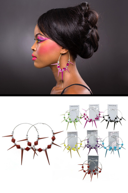 Spike Hoop-Earrings With Bead Accents Assorted-Color & Silver-Tone 12 Per Package 12E1407C