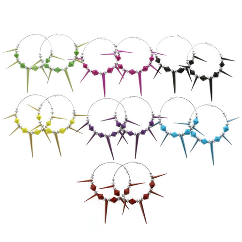 Spike Hoop-Earrings With Bead Accents Assorted-Color & Silver-Tone 12 Per Package 12E1407C