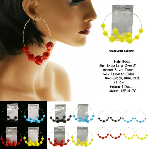 Assorted-Color & Silver-Tone Metal Hoop-Earrings With Bead Accents 12 Per Package 12E1417C