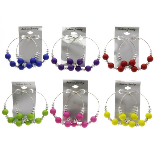 Assorted-Color & Silver-Tone Metal Hoop-Earrings With Bead Accents 12 Per Package 12E1420C