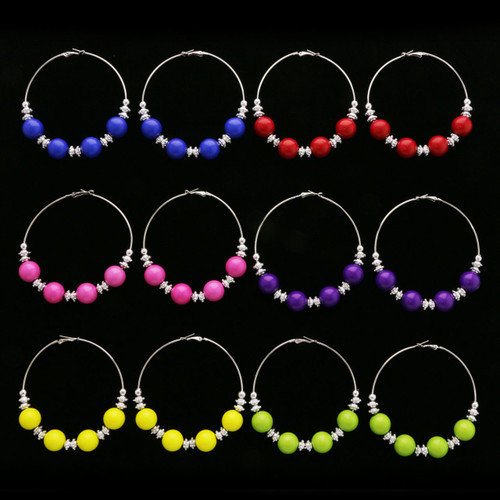 Assorted-Color & Silver-Tone Metal Hoop-Earrings With Bead Accents 12 Per Package 12E1420C