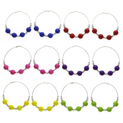 Assorted-Color & Silver-Tone Metal Hoop-Earrings With Bead Accents 12 Per Package 12E1420C