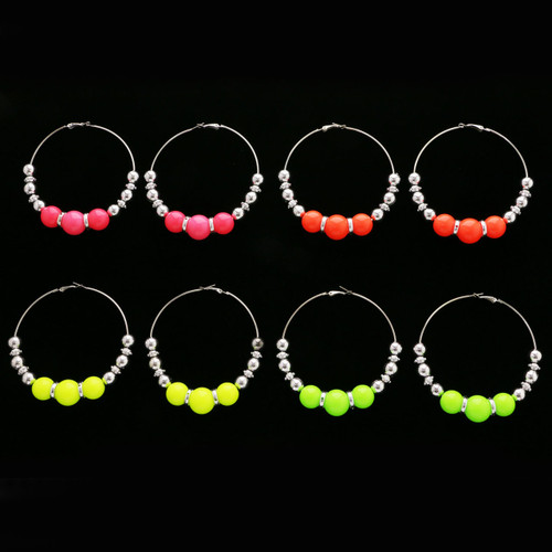 Neon Hoop-Earrings With Bead Accents Assorted-Color & Silver-Tone 12 Per Package 12E1422C