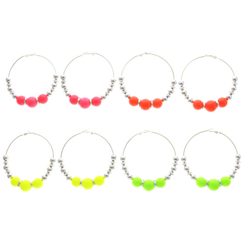 Neon Hoop-Earrings With Bead Accents Assorted-Color & Silver-Tone 12 Per Package 12E1422C