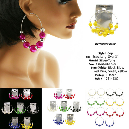 Assorted-Color & Silver-Tone Metal Hoop-Earrings With Bead Accents 12 Per Package 12E1423C