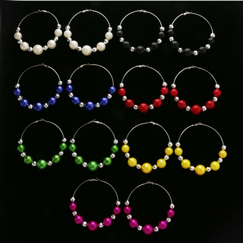 Assorted-Color & Silver-Tone Metal Hoop-Earrings With Bead Accents 12 Per Package 12E1423C