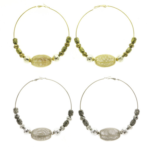 Antiqued Mesh Hoop-Earrings  With Bead Accents Dual-Tone 12 Per Package 12E1434B