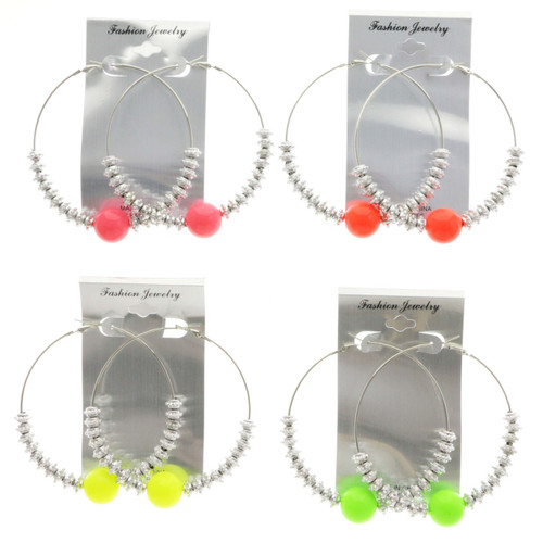 Neon Hoop-Earrings With Bead Accents Silver-Tone & Assorted-Color 12 Per Package 12E1462C