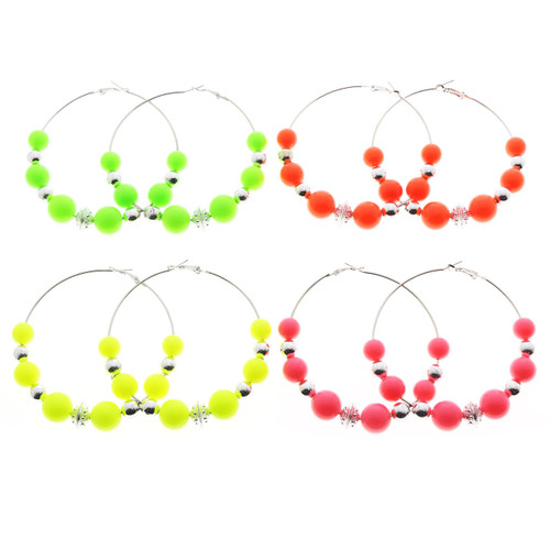 Neon Hoop-Earrings With Bead Accents Assorted-Color & Silver-Tone 12 Per Package 12E1465C