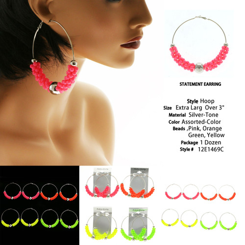 Neon Hoop-Earrings With Bead Accents Assorted-Color & Silver-Tone 12 Per Package 12E1469C