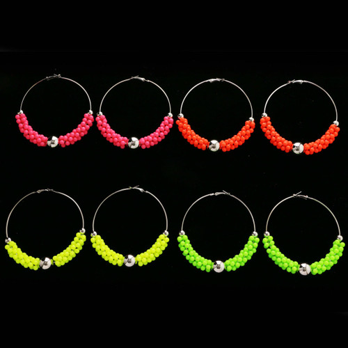 Neon Hoop-Earrings With Bead Accents Assorted-Color & Silver-Tone 12 Per Package 12E1469C