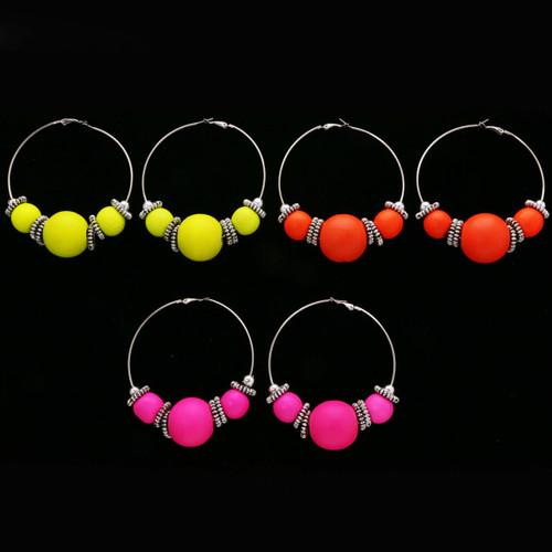Antiqued Neon Hoop-Earrings With Bead Accents Assorted-Color & Silver-Tone 12 Per Package 12E1471C