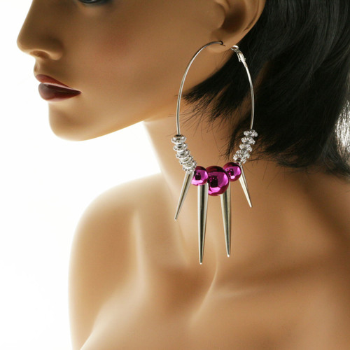 Spike Hoop-Earrings With Bead Accents Silver-Tone & Assorted-Color 12 Per Package 12E1480C