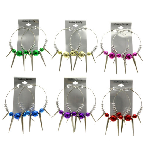 Spike Hoop-Earrings With Bead Accents Silver-Tone & Assorted-Color 12 Per Package 12E1480C