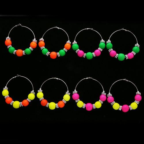 Neon Hoop-Earrings With Bead Accents Assorted-Color & Multi-Color 12 Per Package 12E1482C