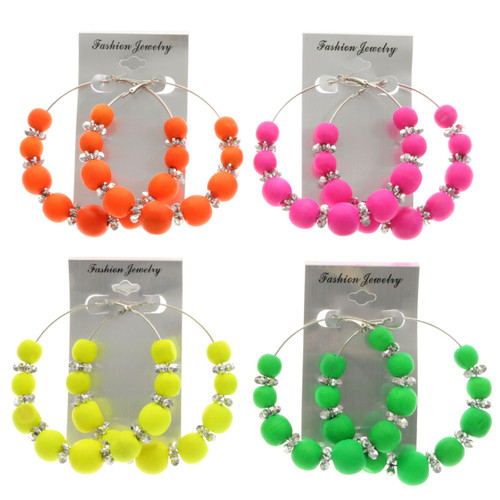 Neon Hoop-Earrings With Bead Accents Assorted-Color & Silver-Tone 12 Per Package 12E1483C