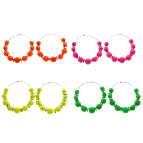 Neon Hoop-Earrings With Bead Accents Assorted-Color & Silver-Tone 12 Per Package 12E1483C