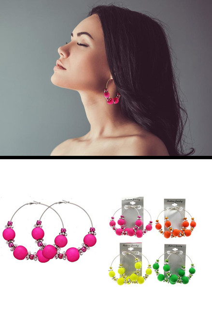 Neon Hoop-Earrings With Bead Accents Assorted-Color & Silver-Tone 12 Per Package 12E1485C