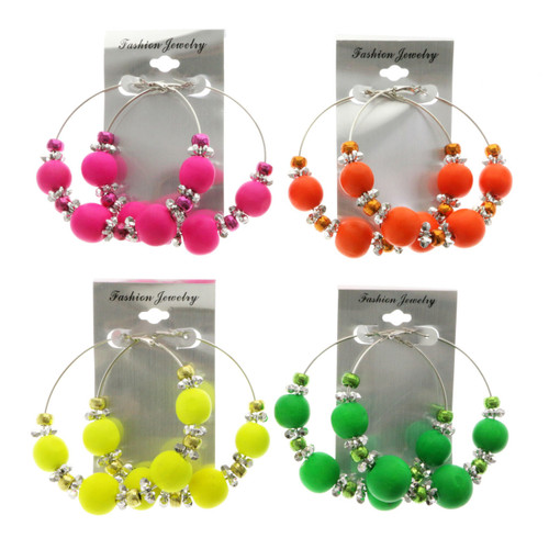 Neon Hoop-Earrings With Bead Accents Assorted-Color & Silver-Tone 12 Per Package 12E1485C