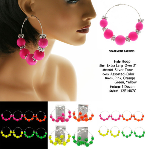 Neon Hoop-Earrings With Bead Accents Assorted-Color & Silver-Tone 12 Per Package 12E1487C
