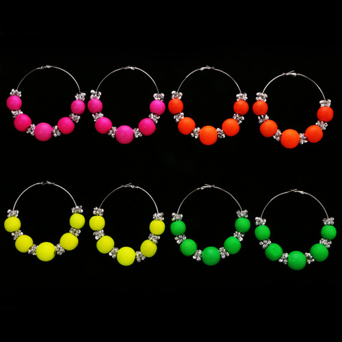 Neon Hoop-Earrings With Bead Accents Assorted-Color & Silver-Tone 12 Per Package 12E1487C