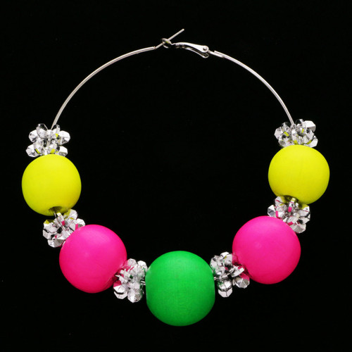 Neon Hoop-Earrings With Bead Accents Assorted-Color & Multi-Color 12 Per Package 12E1488C