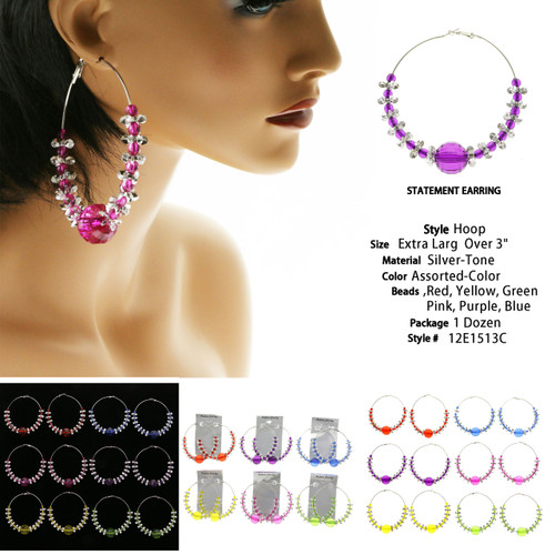 Faceted Hoop-Earrings With Bead Accents Assorted-Color & Silver-Tone 12 Per Package 12E1513C