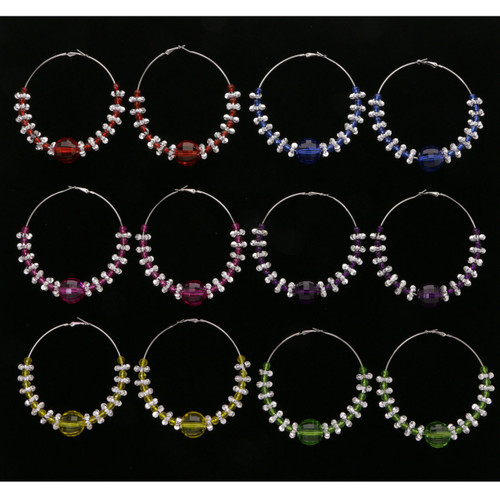 Faceted Hoop-Earrings With Bead Accents Assorted-Color & Silver-Tone 12 Per Package 12E1513C