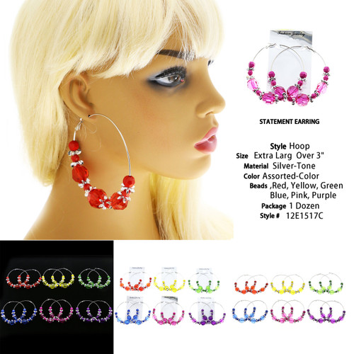 Assorted-Color & Silver-Tone Metal Hoop-Earrings With Bead Accents 12 Per Package 12E1517C