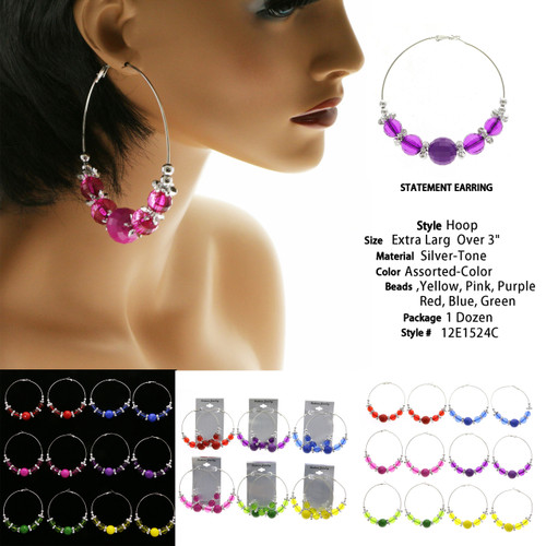 Faceted Hoop-Earrings With Bead Accents Assorted-Color & Silver-Tone 12 Per Package 12E1524C