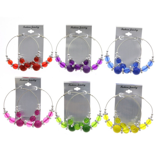 Faceted Hoop-Earrings With Bead Accents Assorted-Color & Silver-Tone 12 Per Package 12E1524C