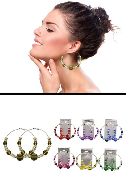 Assorted-Color & Silver-Tone Metal Hoop-Earrings With Bead Accents 12 Per Package 12E1526C Assorted-Color & Silver-Tone Metal Hoop-Earrings With Bead Accents 12 Per Package 12E1526C