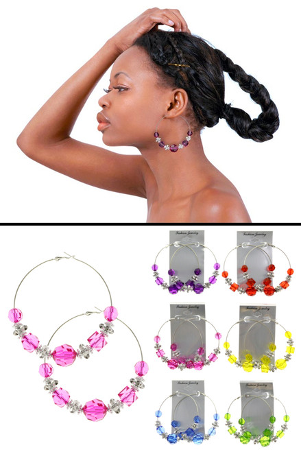 Assorted-Color & Silver-Tone Metal Hoop-Earrings With Bead Accents 12 Per Package 12E1530C Assorted-Color & Silver-Tone Metal Hoop-Earrings With Bead Accents 12 Per Package 12E1530C
