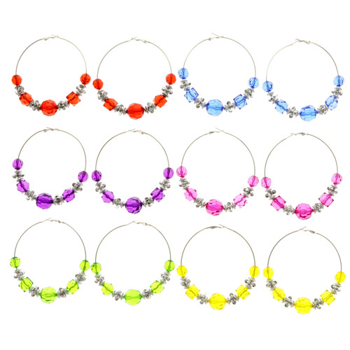 Assorted-Color & Silver-Tone Metal Hoop-Earrings With Bead Accents 12 Per Package 12E1530C