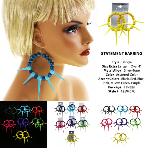 Spike Dangle-Earrings With Bead Accents  Assorted-Color 12 Per Package 12E407C
