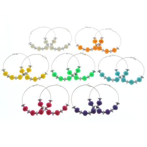 AB Finish Hoop-Earrings With Bead Accents Assorted-Color & Silver-Tone 12 Per Package 12E6141C