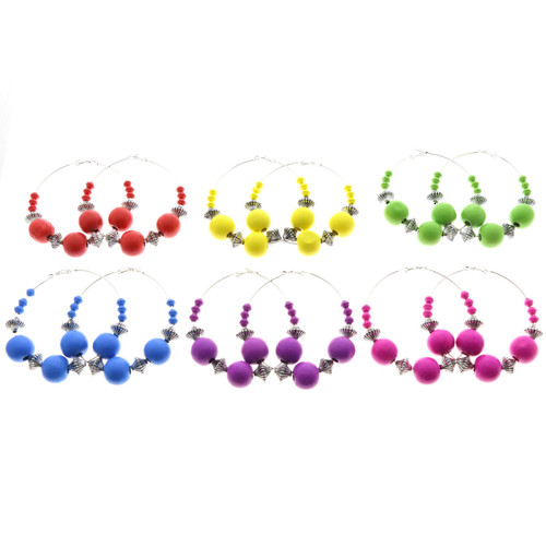 Assorted-Color & Silver-Tone Metal Hoop-Earrings With Bead Accents 12 Per Package 12E8034C