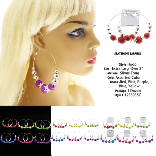 Silver-Tone & Assorted-Color Metal Hoop-Earrings With Bead Accents 12 Per Package 12E8035C