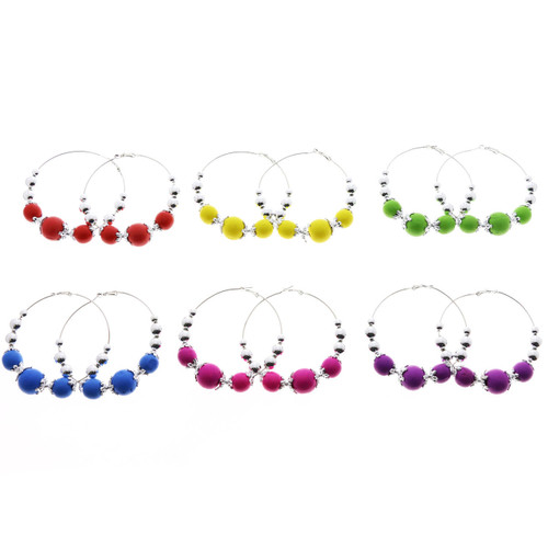 Silver-Tone & Assorted-Color Metal Hoop-Earrings With Bead Accents 12 Per Package 12E8035C