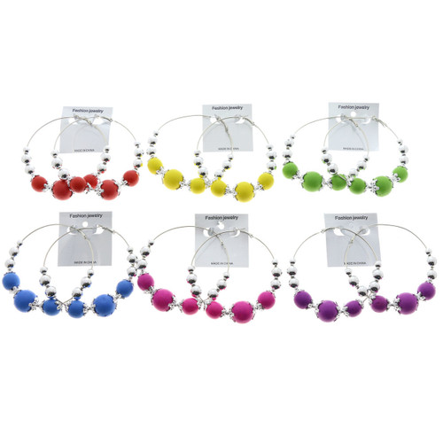 Silver-Tone & Assorted-Color Metal Hoop-Earrings With Bead Accents 12 Per Package 12E8035C