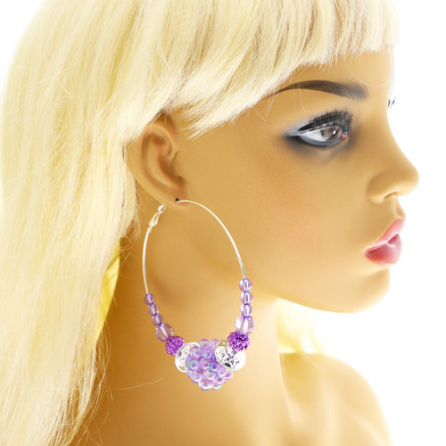 AB Finish Hoop-Earrings With Bead Accents Assorted-Color & Silver-Tone 12 Per Package 12E8052C