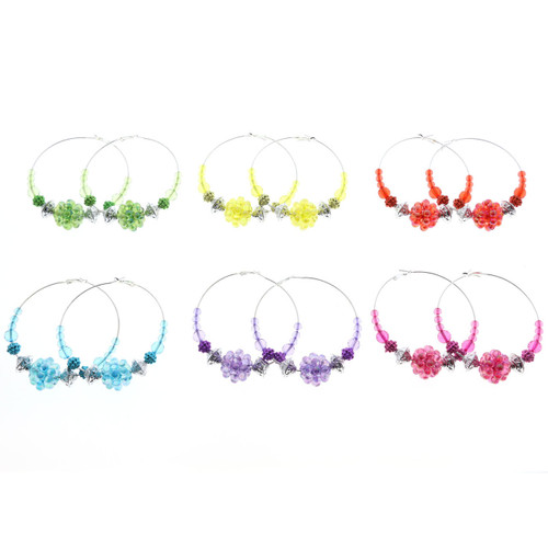 AB Finish Hoop-Earrings With Bead Accents Assorted-Color & Silver-Tone 12 Per Package 12E8052C