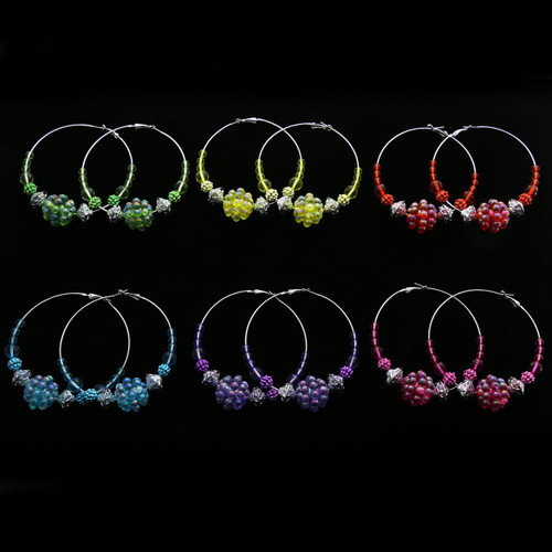AB Finish Hoop-Earrings With Bead Accents Assorted-Color & Silver-Tone 12 Per Package 12E8052C