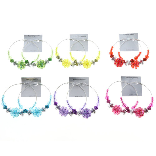AB Finish Hoop-Earrings With Bead Accents Assorted-Color & Silver-Tone 12 Per Package 12E8052C