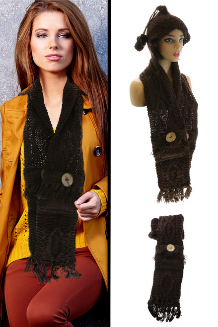 66" Brown Knit Hooded Winter Scarf