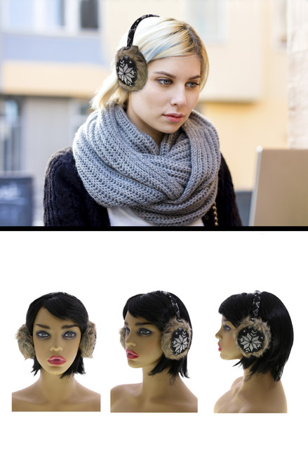Faux Fur Lined Earmuffs with Snowflake Pattern EM003
