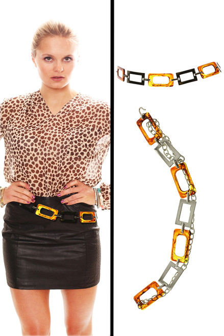 Silver Tone & Brown Fashion Chain Belt BLT888211AM  Silver Tone & Brown Fashion Chain Belt BLT888211AM