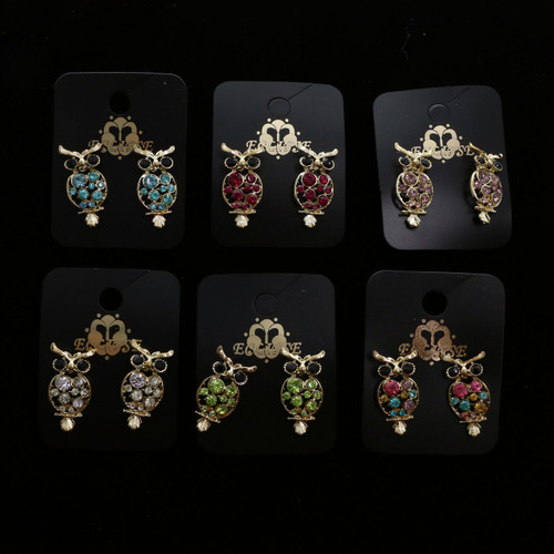 Gold Tone Owl Earrings with Crystal Accents E222