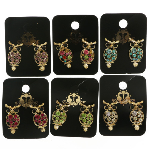 Gold Tone Owl Earrings with Crystal Accents E222