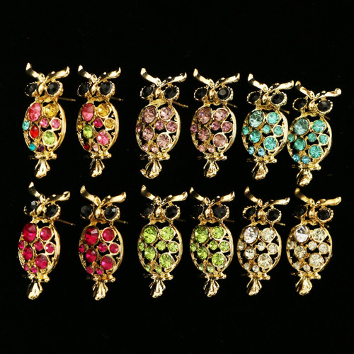 Gold Tone Owl Earrings with Crystal Accents E222